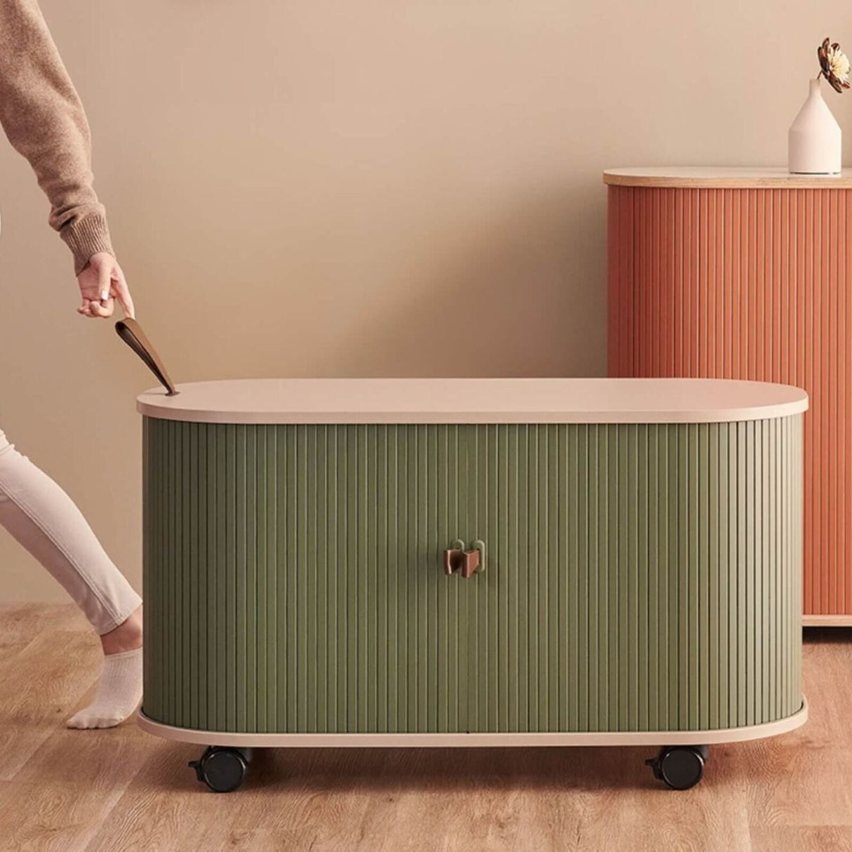 UFOU Mobile Roller Shutter Cabinet - Storage with Adjustable Shelves & Wheels - Dark Green