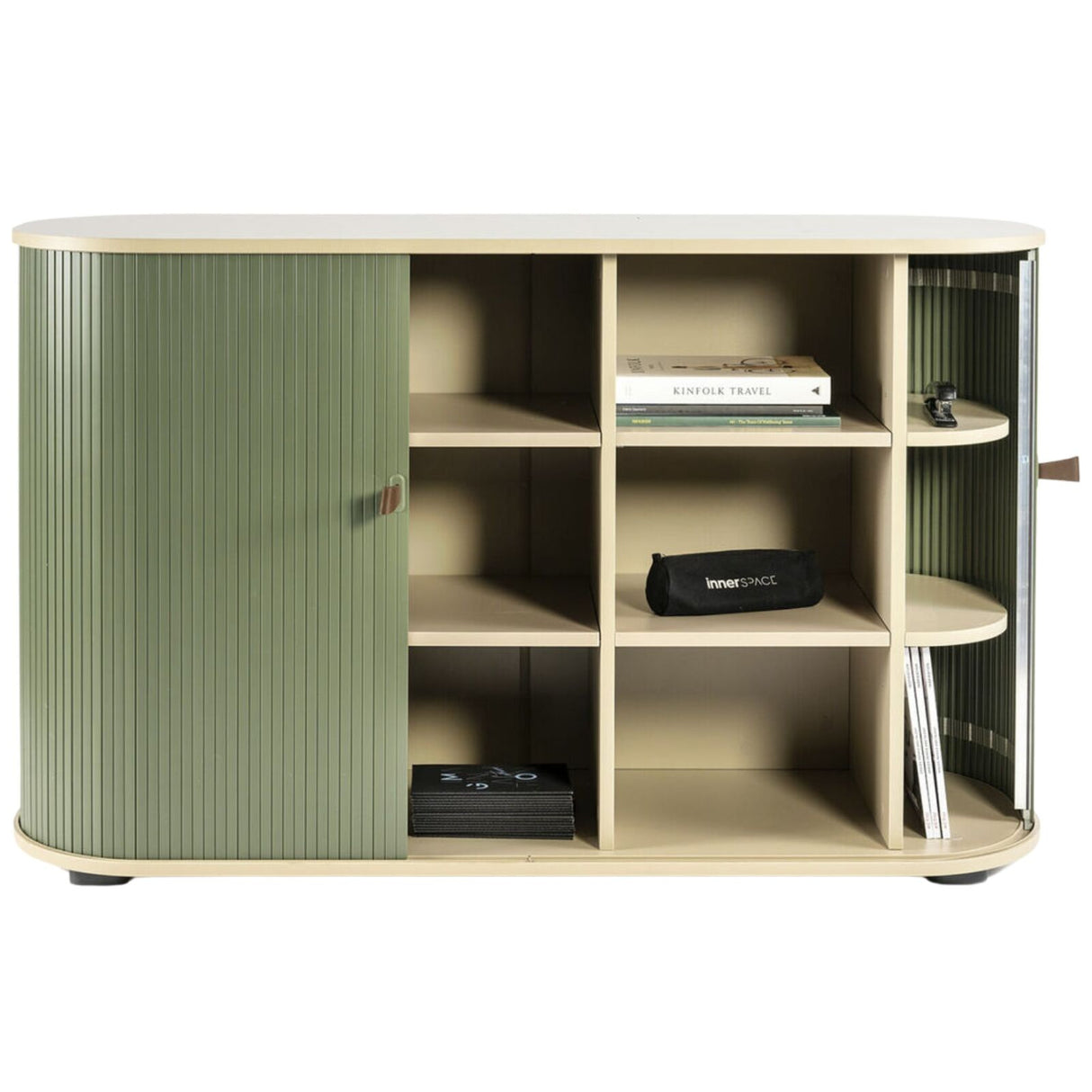 UFOU Mobile Roller Shutter Cabinet - Storage with Adjustable Shelves & Wheels - Light Green