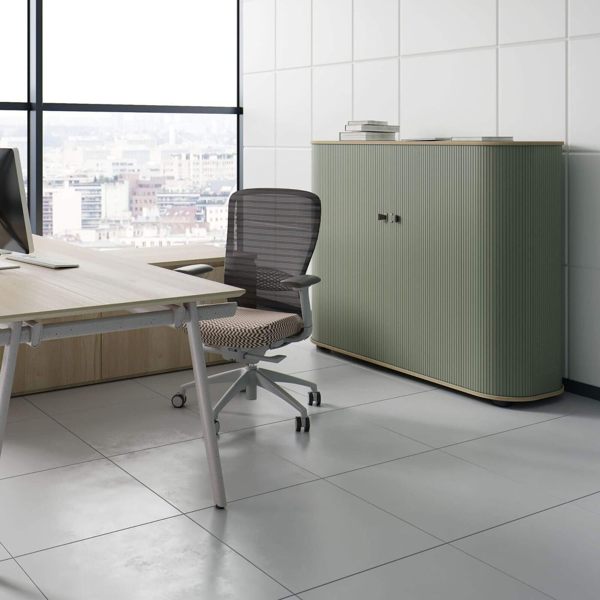 UFOU Mobile Roller Shutter Cabinet - Storage with Adjustable Shelves & Wheels - Light Green