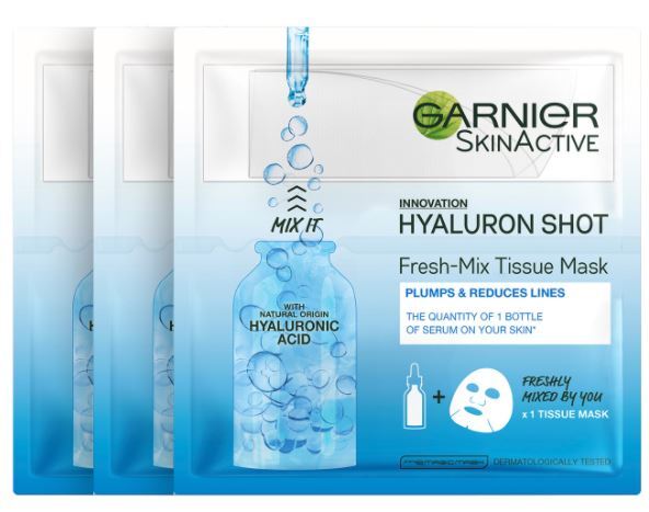 3x Garnier 33g SkinActive Fresh Mix Tissue Mask Hyaluronic Shot Plumps & Smoothen Skin