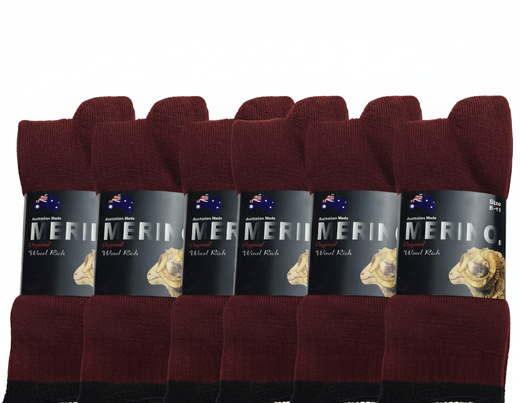 6 Pairs MERINO WOOL SOCKS Mens Heavy Duty Premium Thick Work Socks Cushion in Burgundy