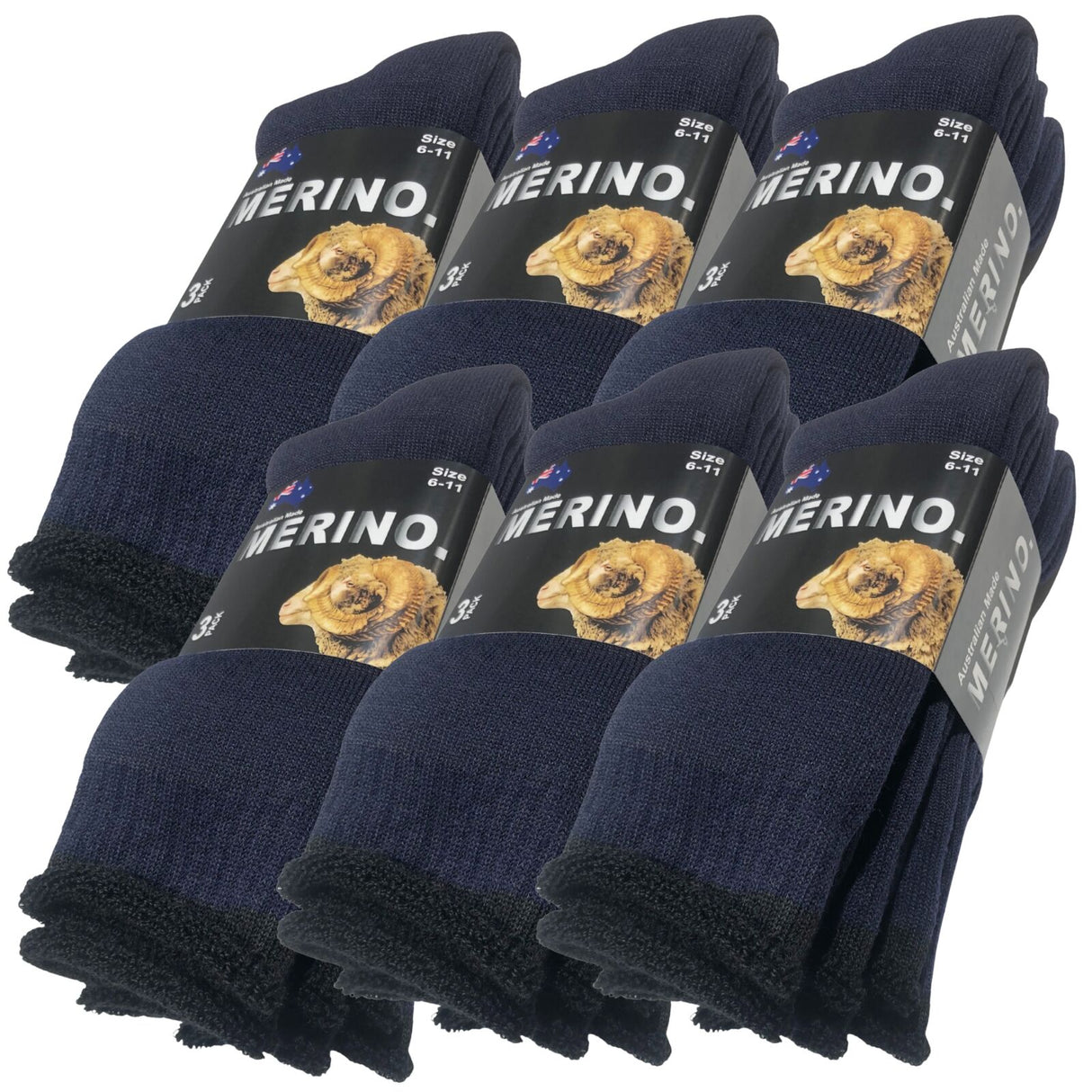 6 Pairs MERINO WOOL SOCKS Mens Heavy Duty Premium Thick Work Socks Cushion in Navy Blue