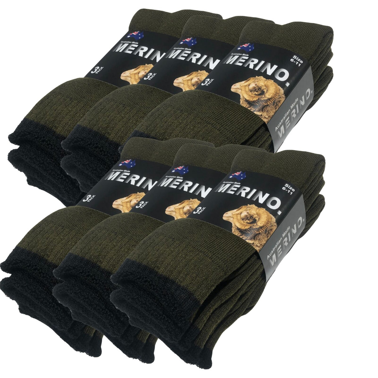 6 Pairs MERINO WOOL SOCKS Mens Heavy Duty Premium Thick Work Socks Cushion in Olive