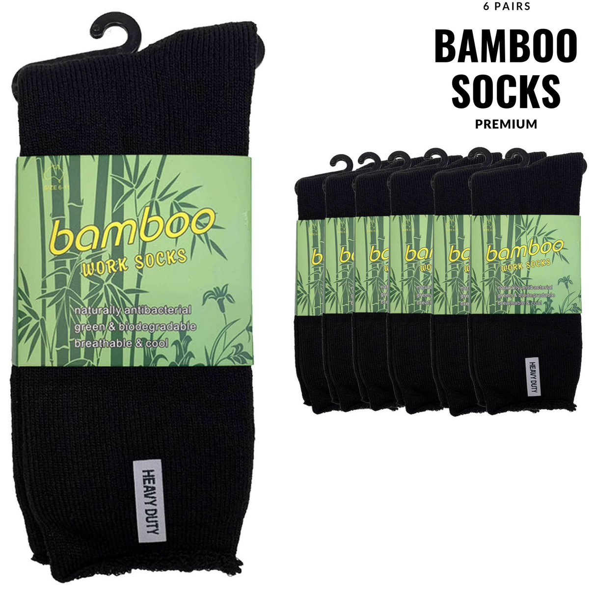 6 Pairs PREMIUM BAMBOO SOCKS Mens Heavy Duty Thick Work Socks Cushion BULK - Black