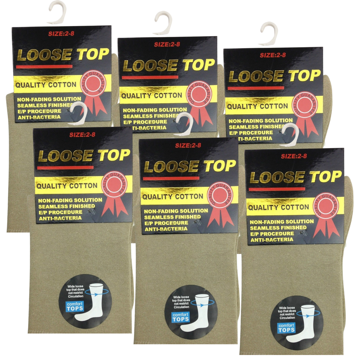 6x Pairs Beige Cotton Rich Loose Top Socks Bulk Pack (Comfort Diabetic Circulation)