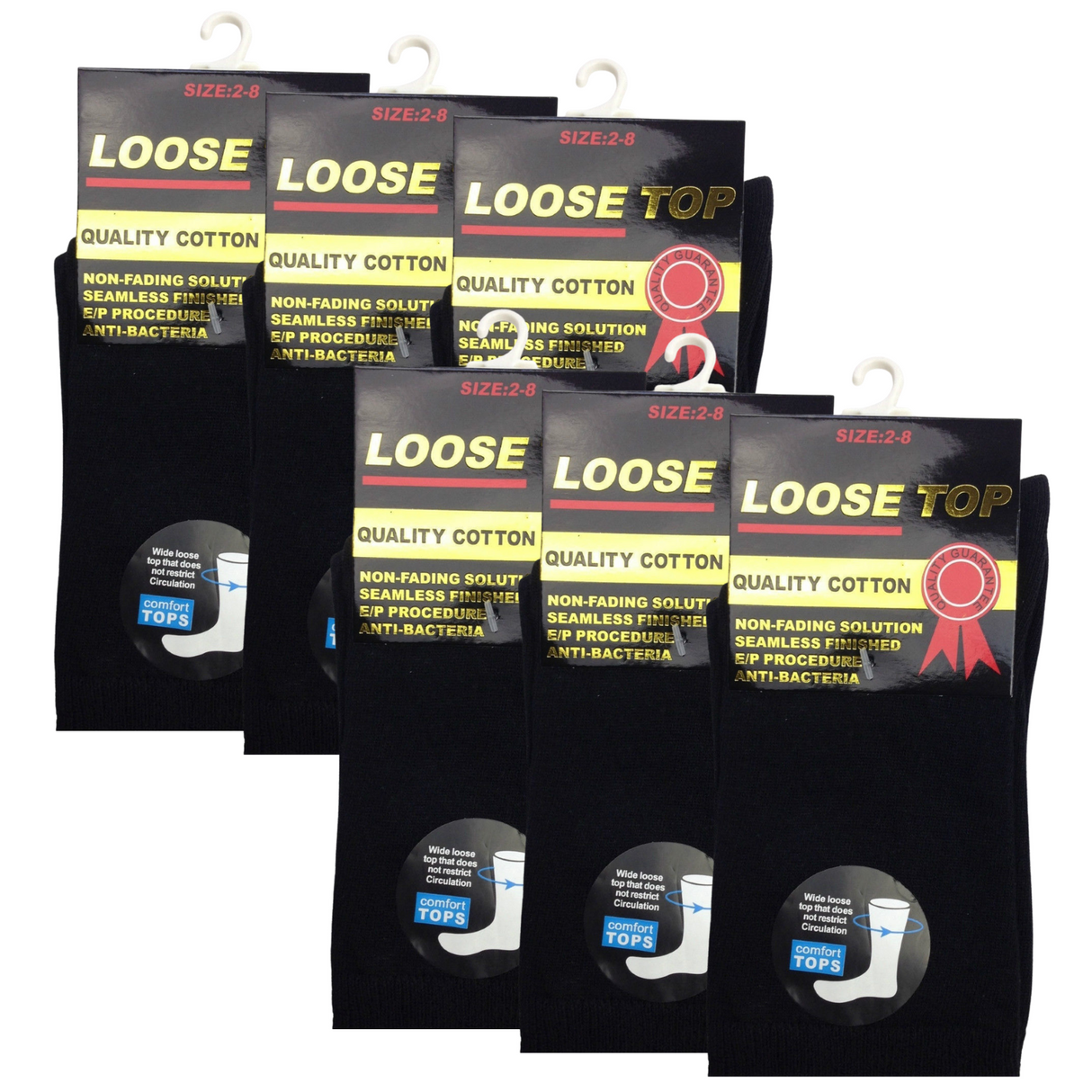 6x Pairs Black Cotton Rich Loose Top Socks Bulk Pack (Comfort Diabetic Circulation)