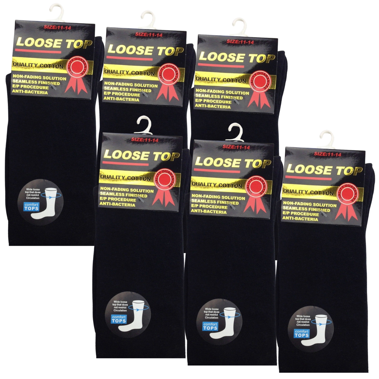 6x Pairs Black Cotton Rich Loose Top Socks Bulk Pack (Comfort Diabetic Circulation)