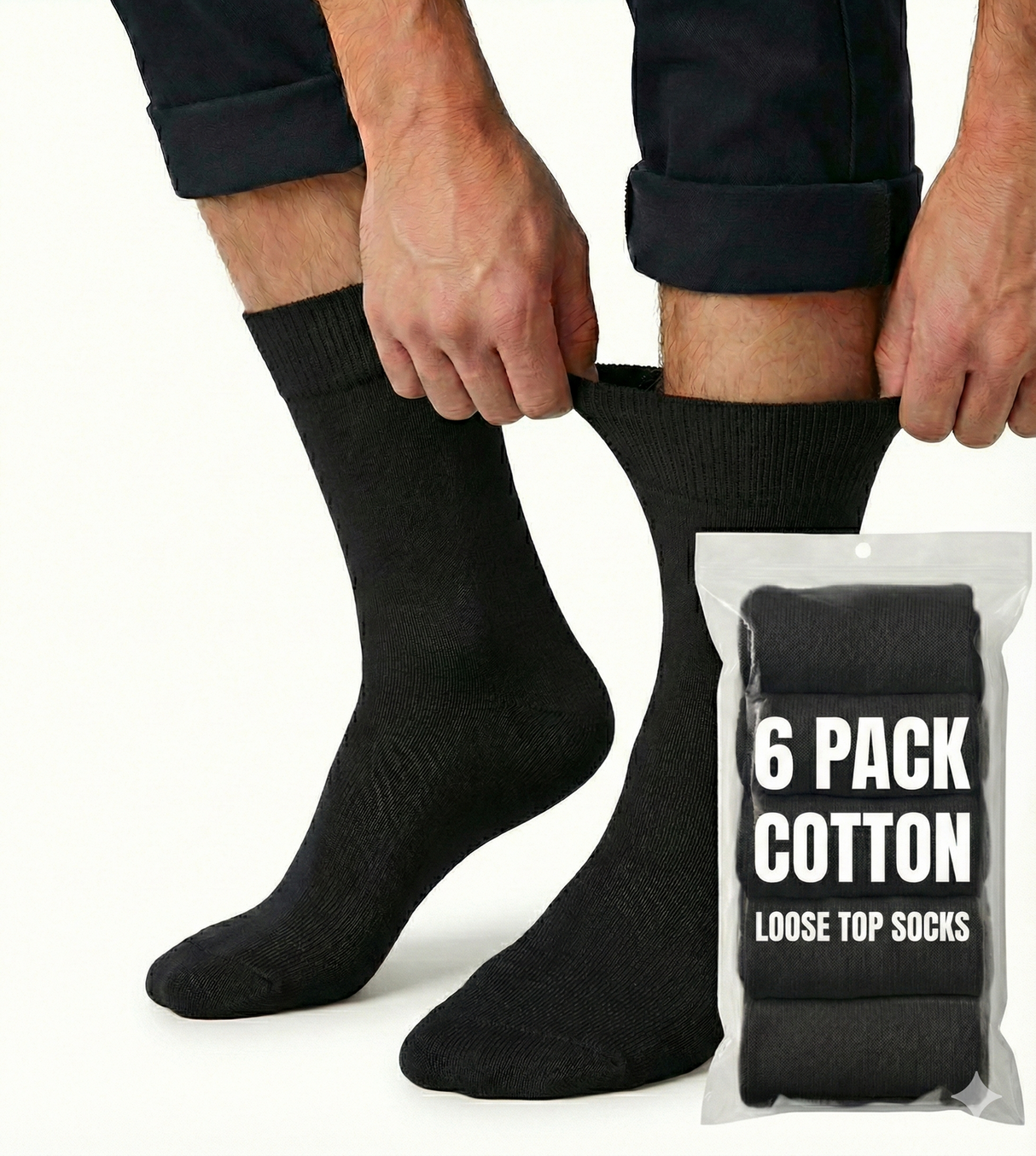 6x Pairs Black Cotton Rich Loose Top Socks Bulk Pack (Comfort Diabetic Circulation)