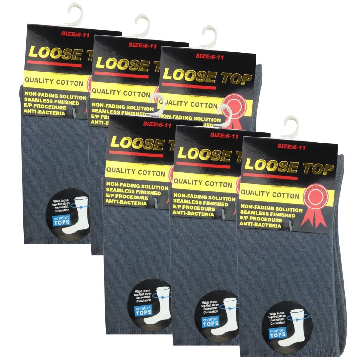 6x Pairs Grey Cotton Rich Loose Top Socks Bulk Pack (Comfort Diabetic Circulation)