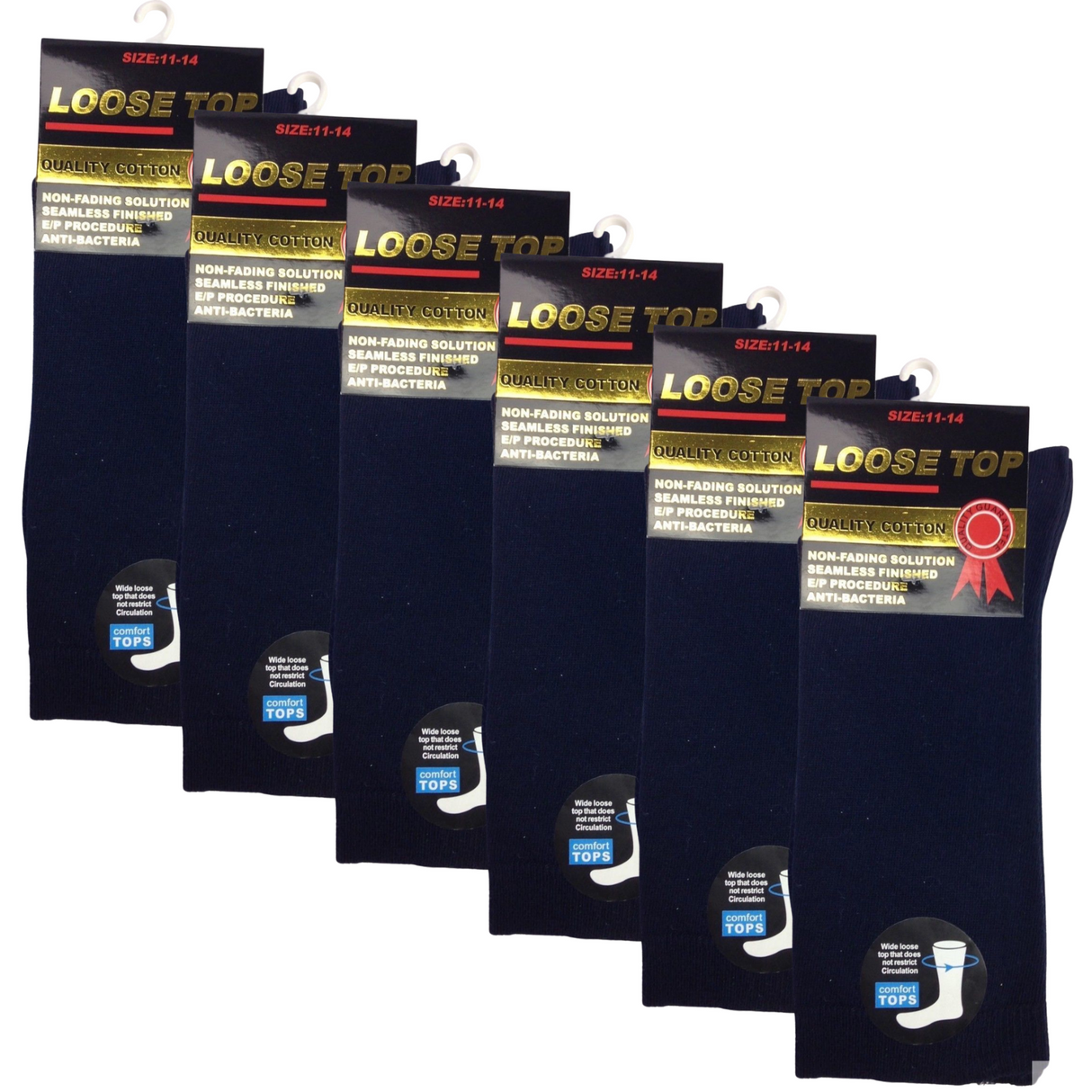 6x Pairs Navy Blue Cotton Rich Loose Top Socks Bulk Pack (Comfort Diabetic Circulation)
