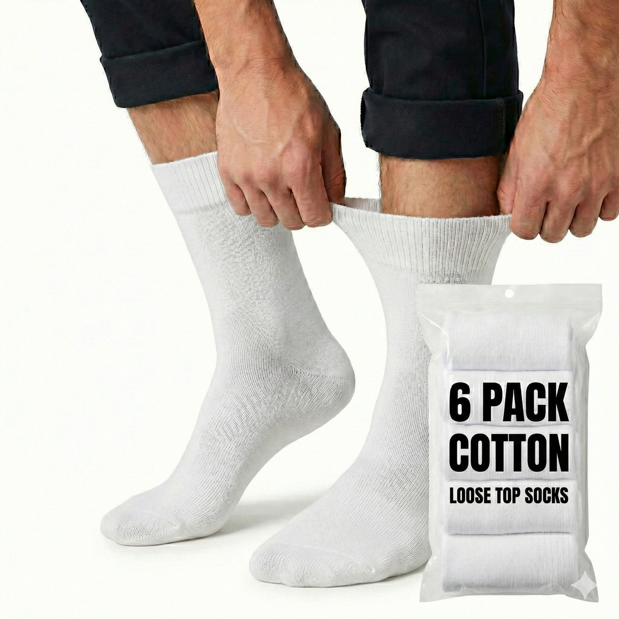 6x Pairs White Cotton Rich Loose Top Socks Bulk Pack (Comfort Diabetic Circulation)