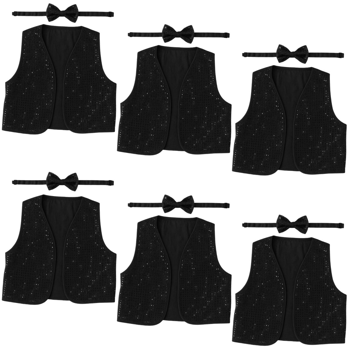 6x Adult Unisex SEQUIN BOW TIE & VEST Dance Costume Party Sparkle Set in Black