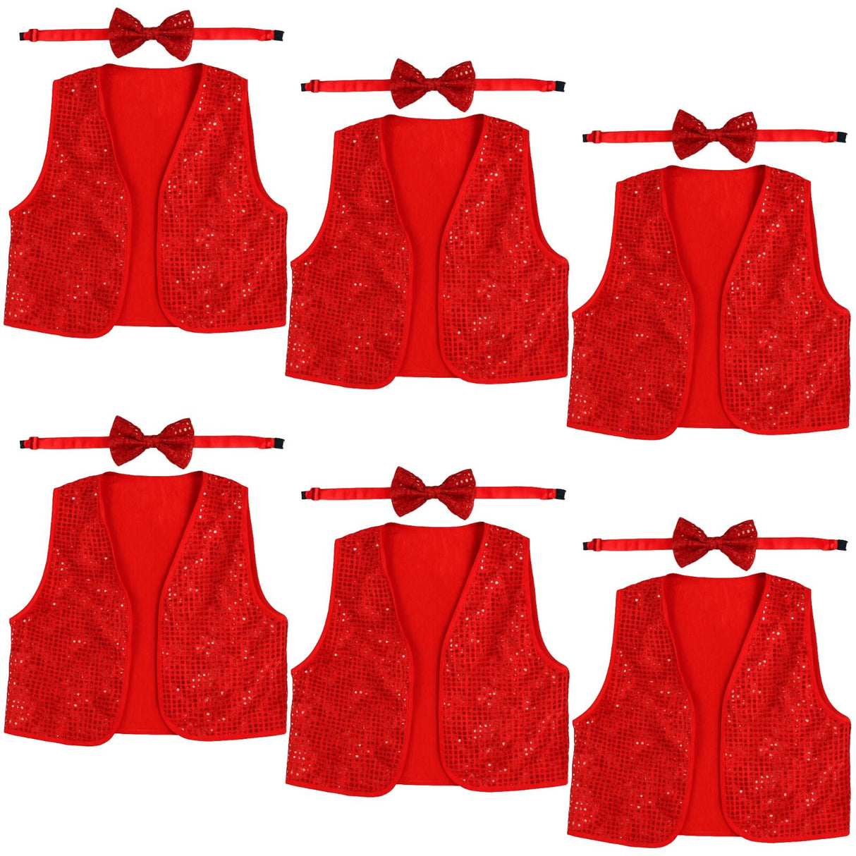 6x Adult Unisex SEQUIN BOW TIE & VEST Dance Costume Party Sparkle Set in Red