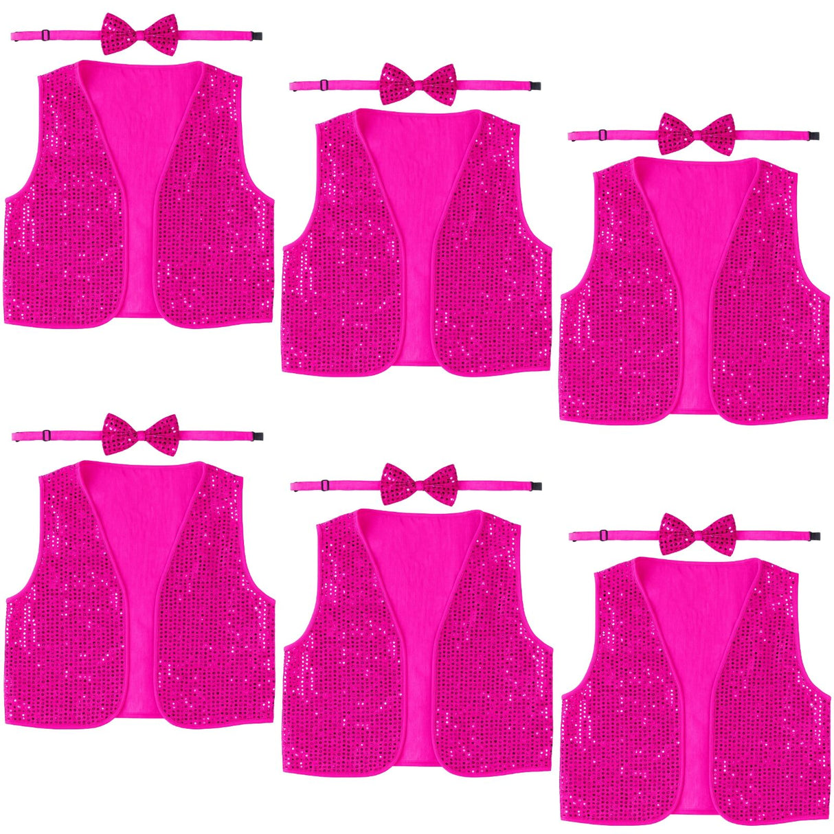 6x Adult Unisex SEQUIN BOW TIE & VEST Dance Costume Party Sparkle Set in Hot Pink