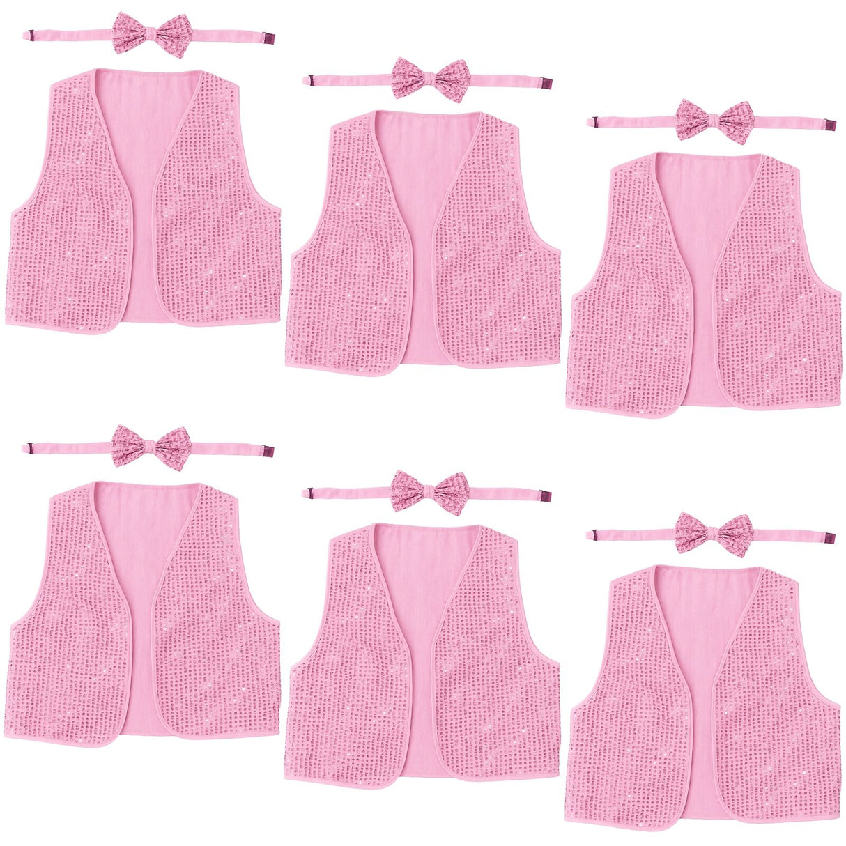6x Adult Unisex SEQUIN BOW TIE & VEST Dance Costume Party Sparkle Set in Light Pink