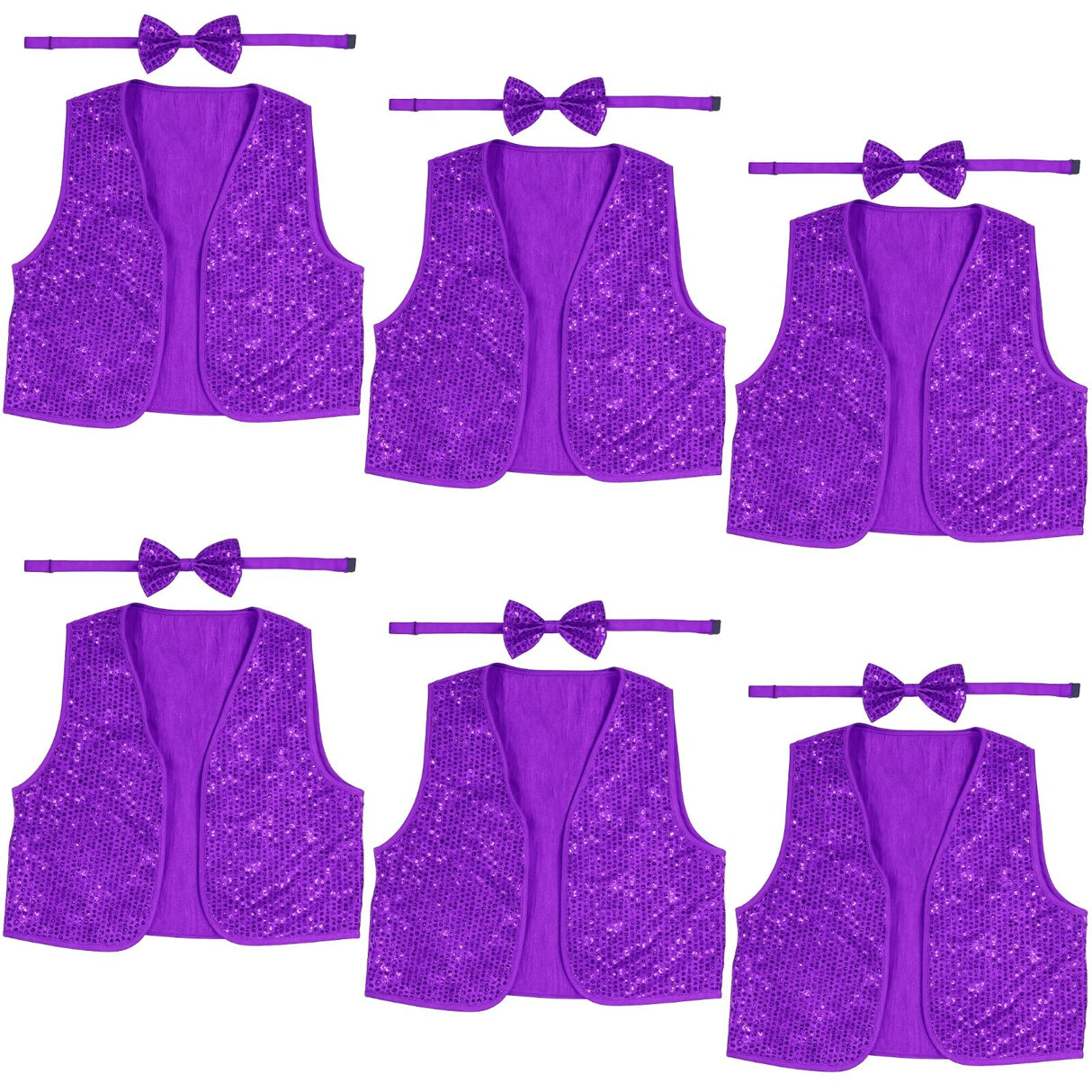 6x Adult Unisex SEQUIN BOW TIE & VEST Dance Costume Party Sparkle Set in Purple