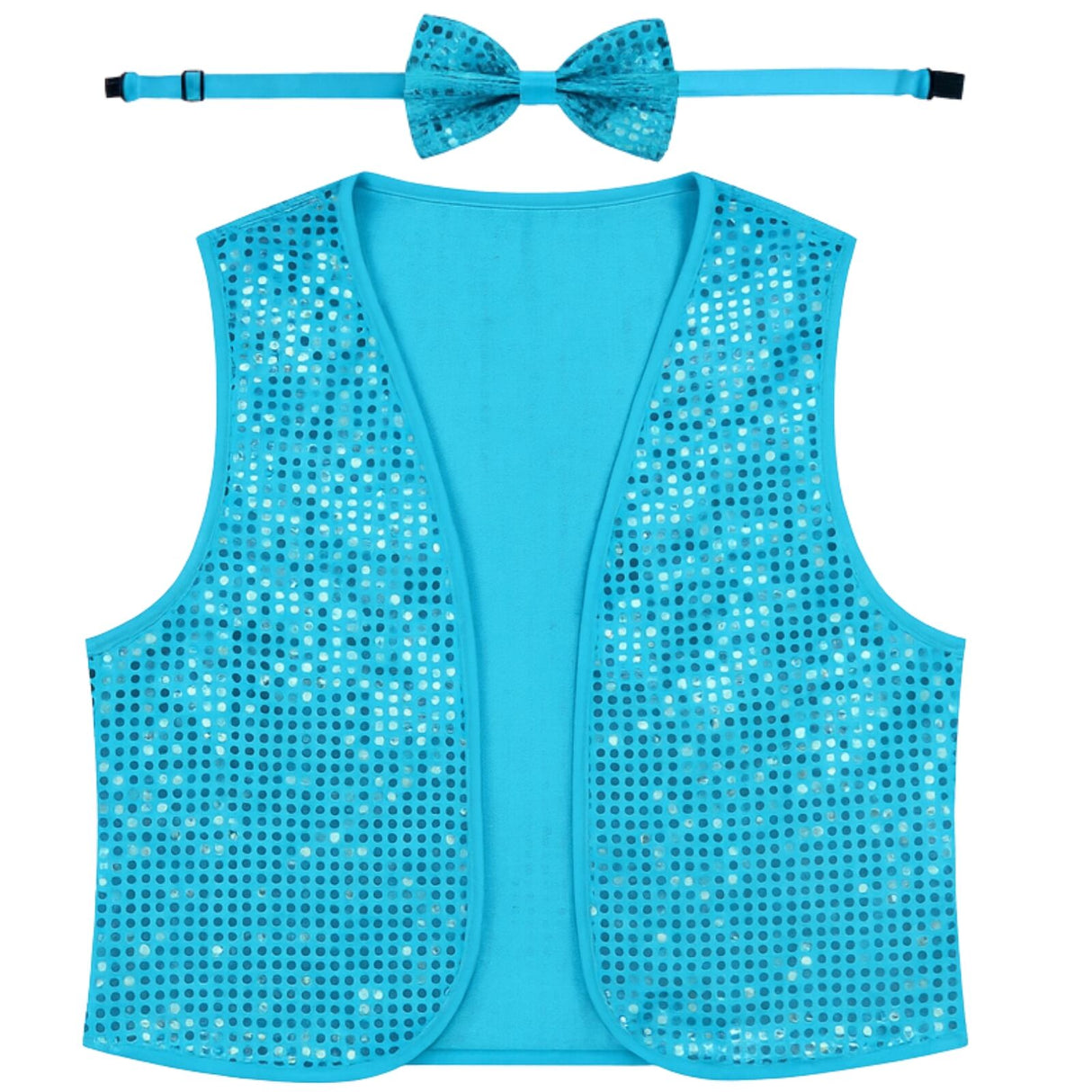 6x Adult Unisex SEQUIN BOW TIE & VEST Dance Costume Party Sparkle Set in Light Blue