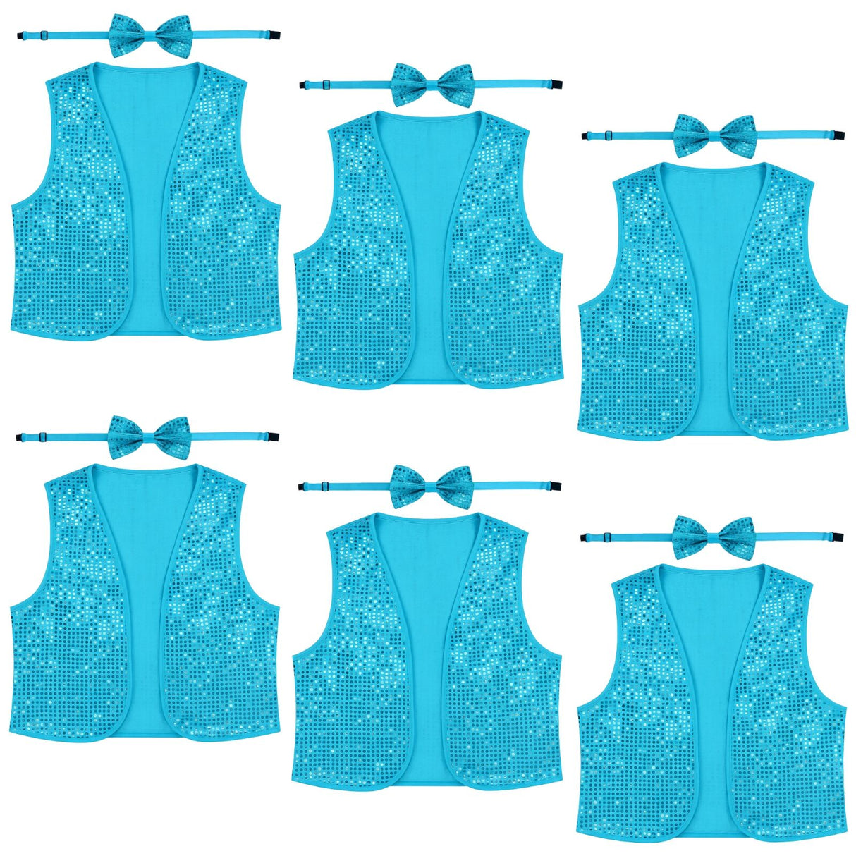 6x Adult Unisex SEQUIN BOW TIE & VEST Dance Costume Party Sparkle Set in Light Blue