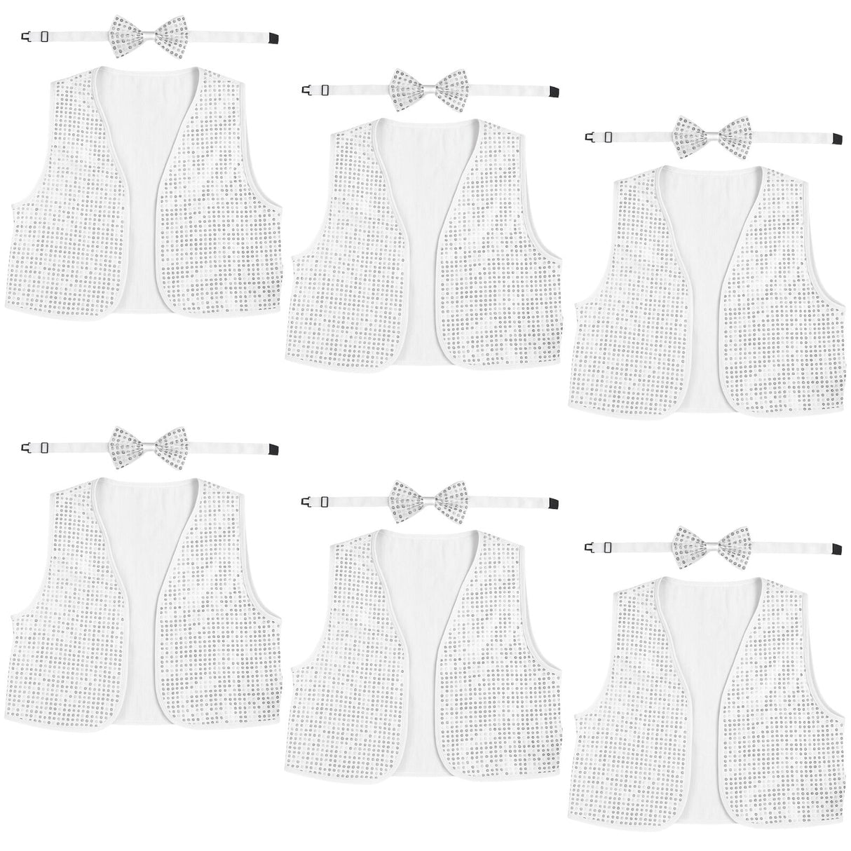 6x Kids Sequin Vest Bow Tie Set Costume 80s Party Dress Up Waistcoat - Silver