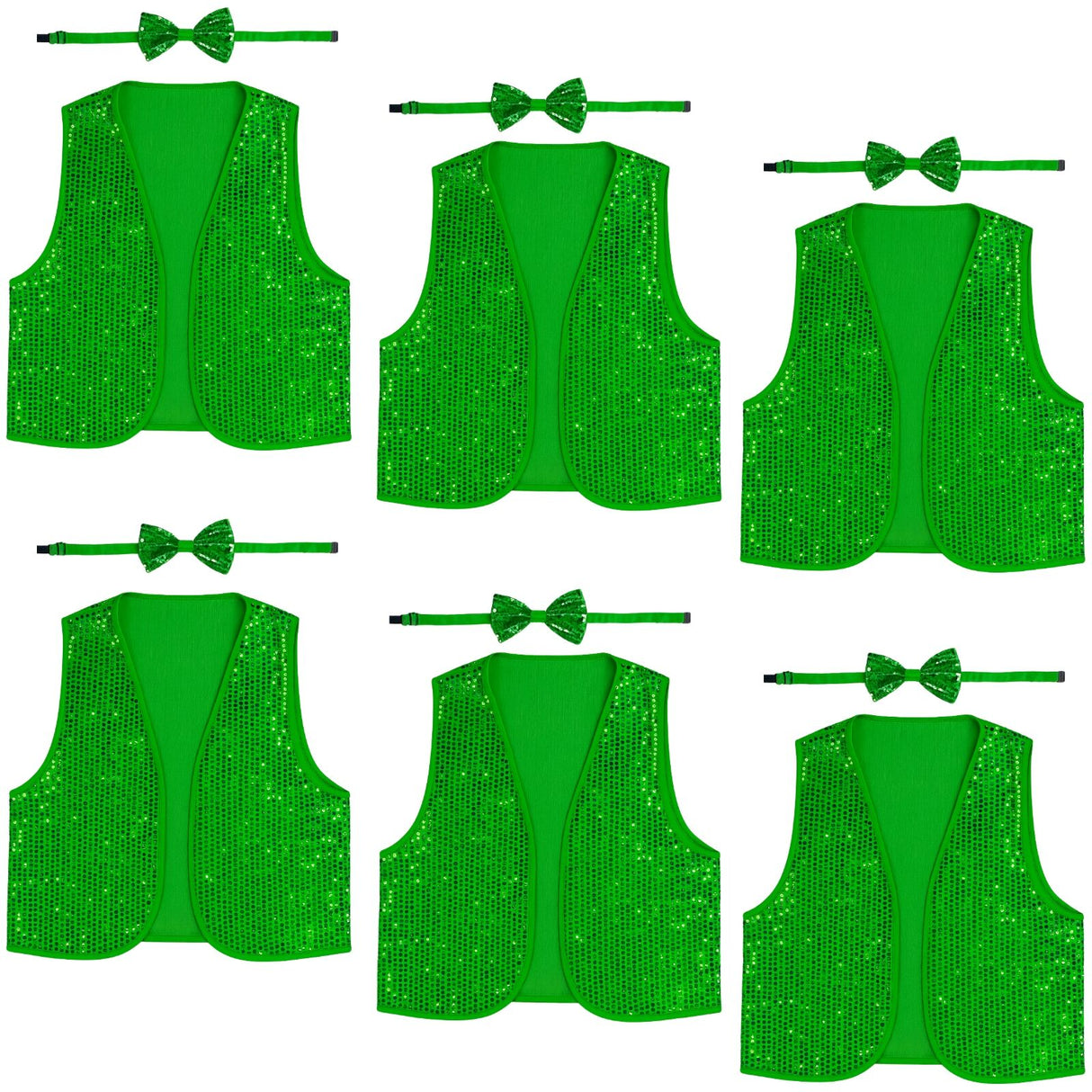 6x Kids Sequin Vest Bow Tie Set Costume 80s Party Dress Up Waistcoat - Green
