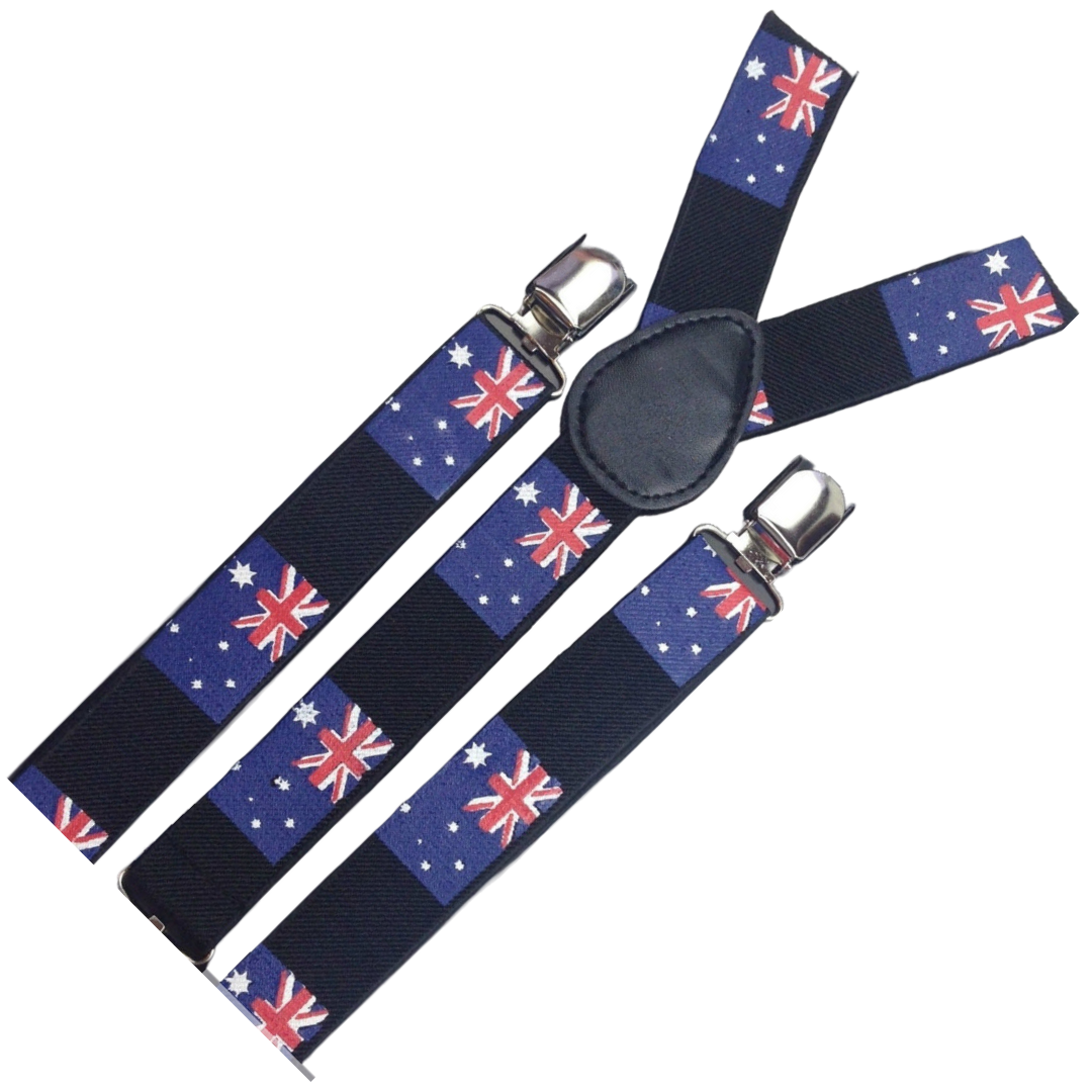 6x Mens Australia Flag Slim Suspenders Bulk Pack - Strong Adjustable Clip On Braces for Party/Formals