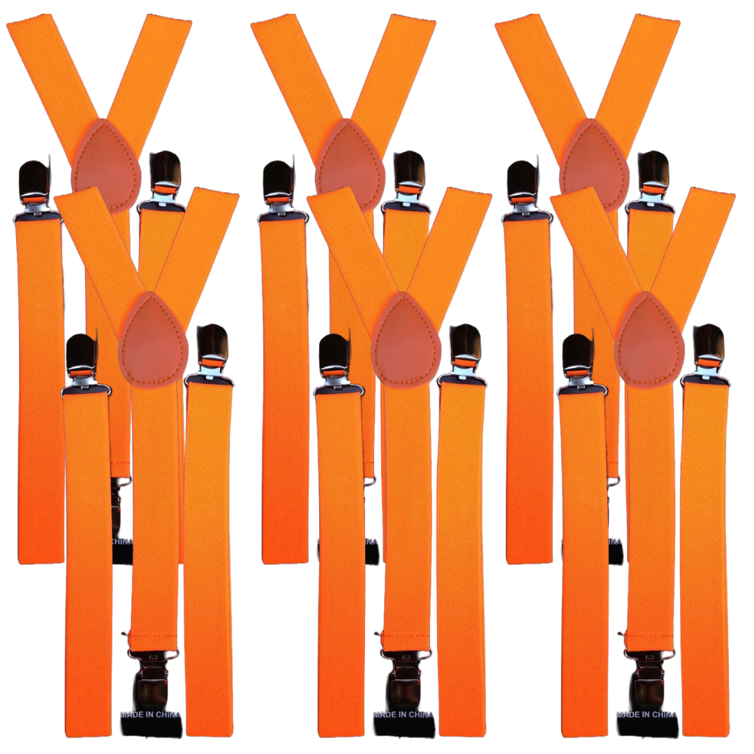 6x Fluro Orange Slim Suspenders Bulk Pack - Strong Adjustable Clip On Braces for Weddings/Formals