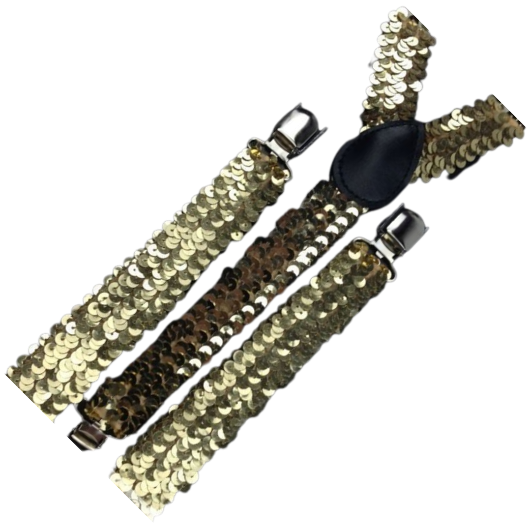 6x Gold Sequin Slim Suspenders Bulk Pack - Strong Adjustable Clip On Braces for Weddings/Formals