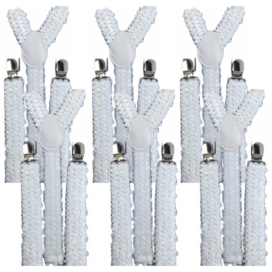 6x White Sequin Suspenders Bulk Pack - Unisex Adjustable Clip On Elastic Y-Back Braces