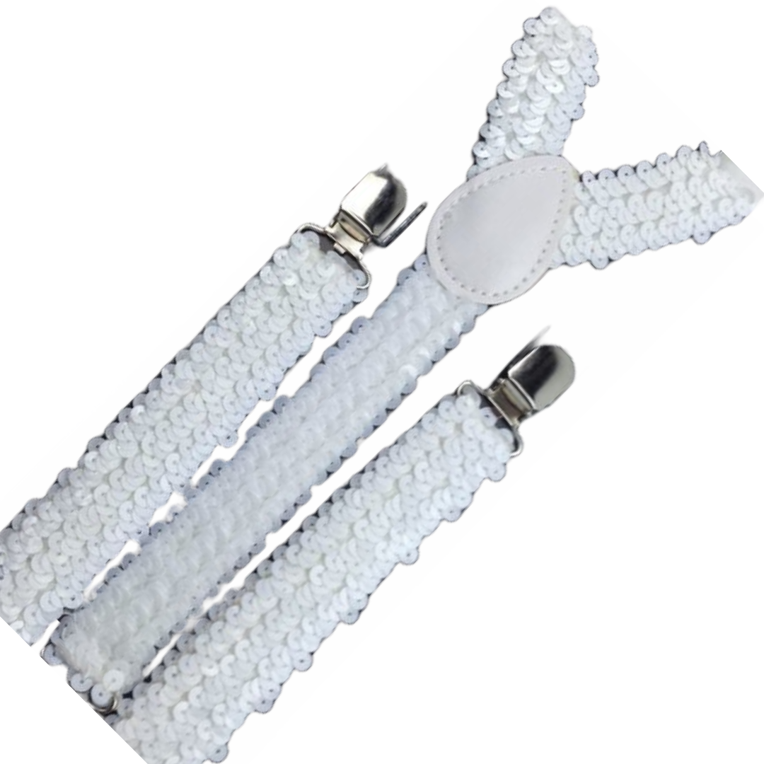 6x White Sequin Suspenders Bulk Pack - Unisex Adjustable Clip On Elastic Y-Back Braces