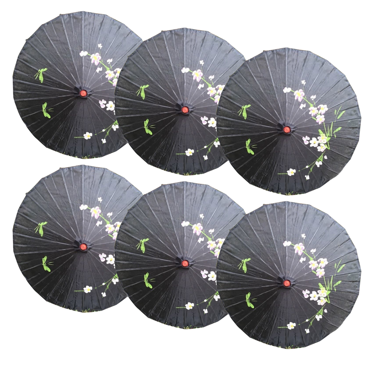 6x Black Parasol Umbrellas Bulk Pack - Asian Bamboo Flower Pattern (80cm)