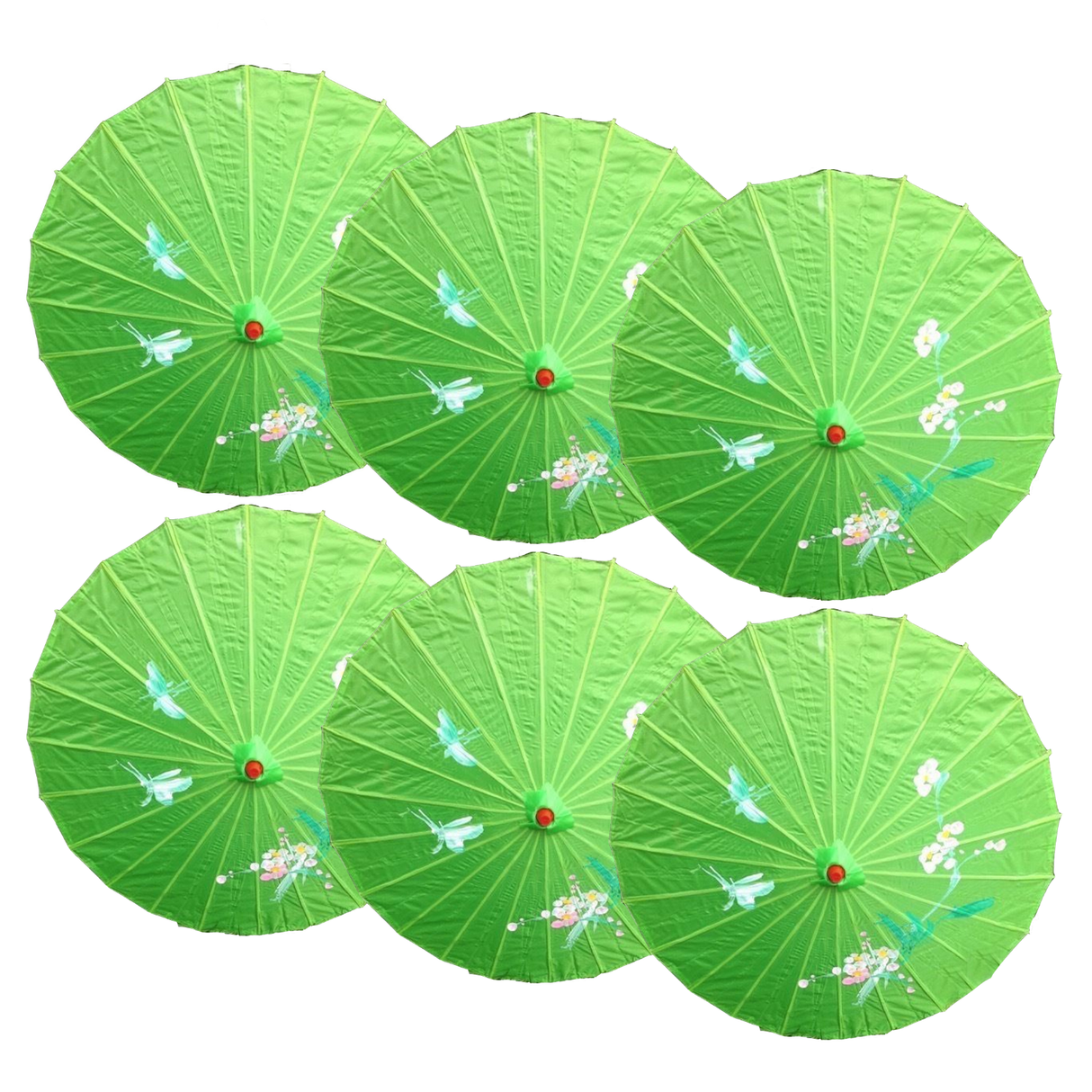 6x Light Green Parasol Umbrellas Bulk Pack - Asian Bamboo Flower Pattern (80cm)