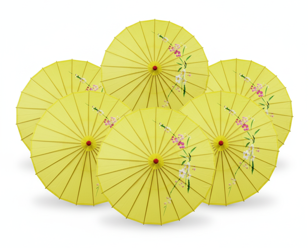 6x PARASOL UMBRELLA Chinese Japanese Bamboo Flower Pattern 80cm Large BULK - Yellow