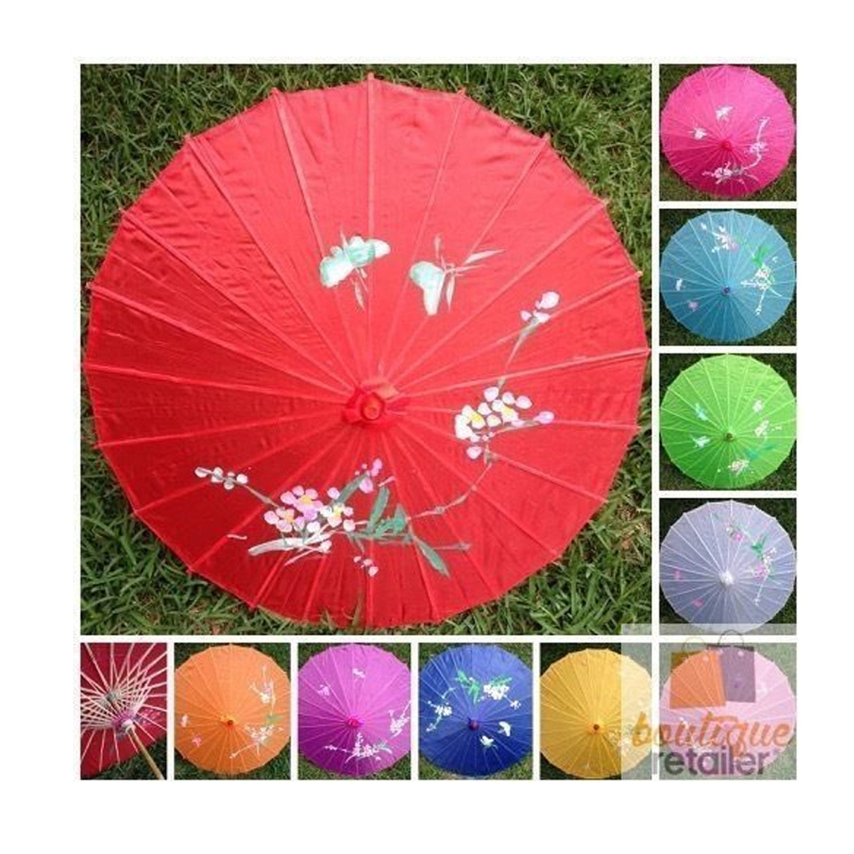 6x PARASOL UMBRELLA Chinese Japanese Bamboo Flower Pattern 80cm Large BULK - Assorted Colour Pack