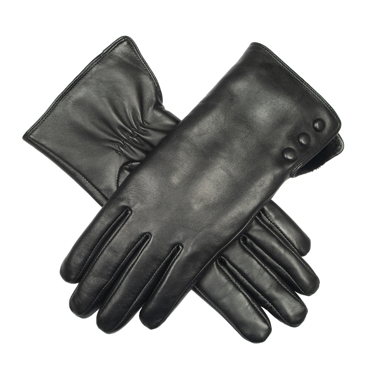 Dents Womens Touchscreen Water-Resistant Fur-Lined Leather Gloves w/ Buttons - Black