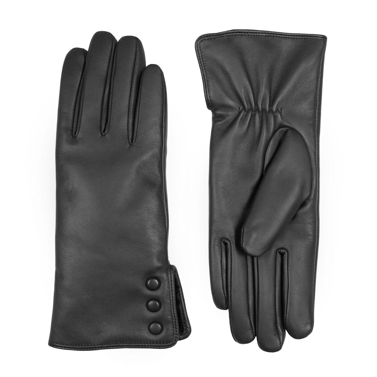 Dents Womens Touchscreen Water-Resistant Fur-Lined Leather Gloves w/ Buttons - Black