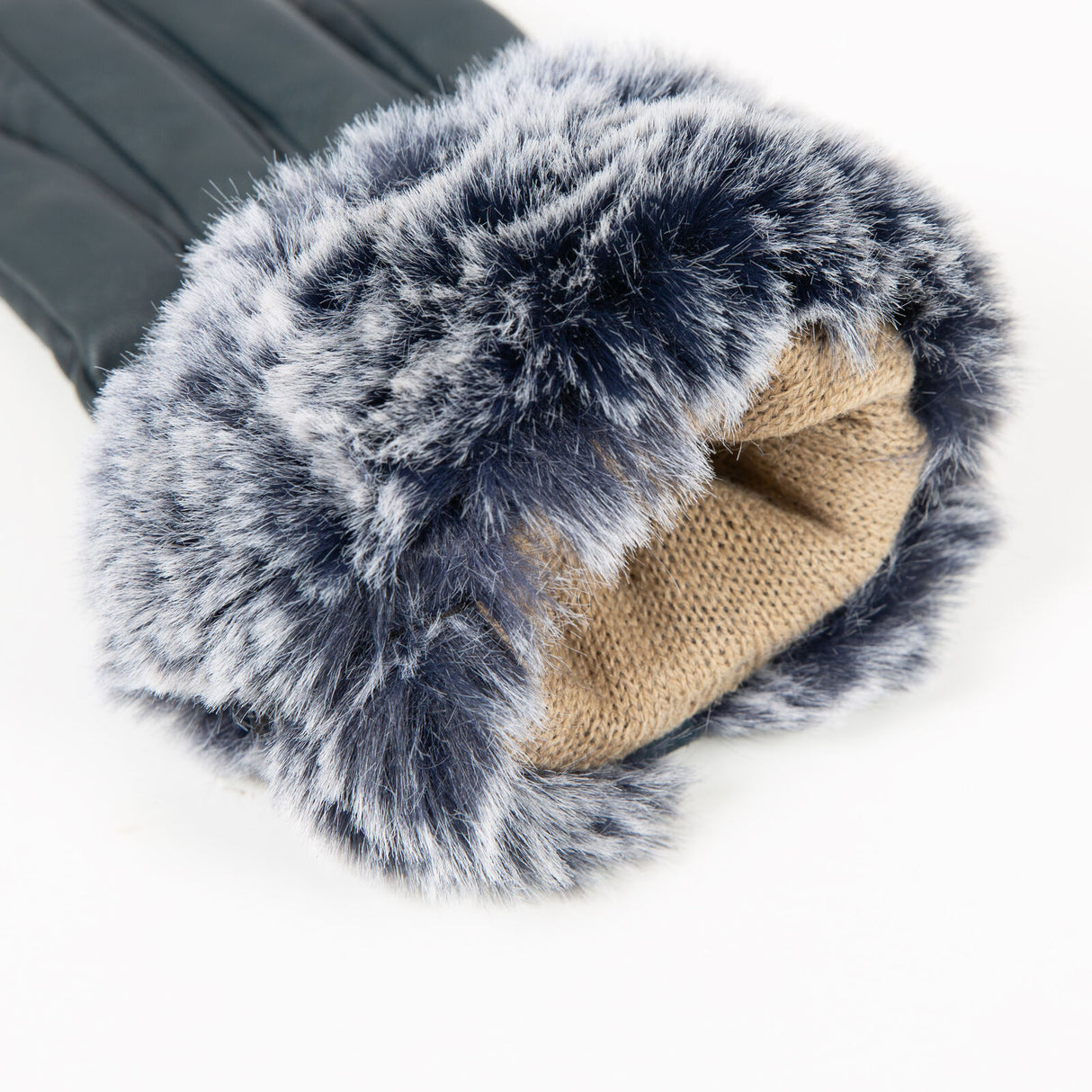 Dents Womens Touchscreen Three-Point Lined Leather Gloves with Faux Fur Cuffs In Navy