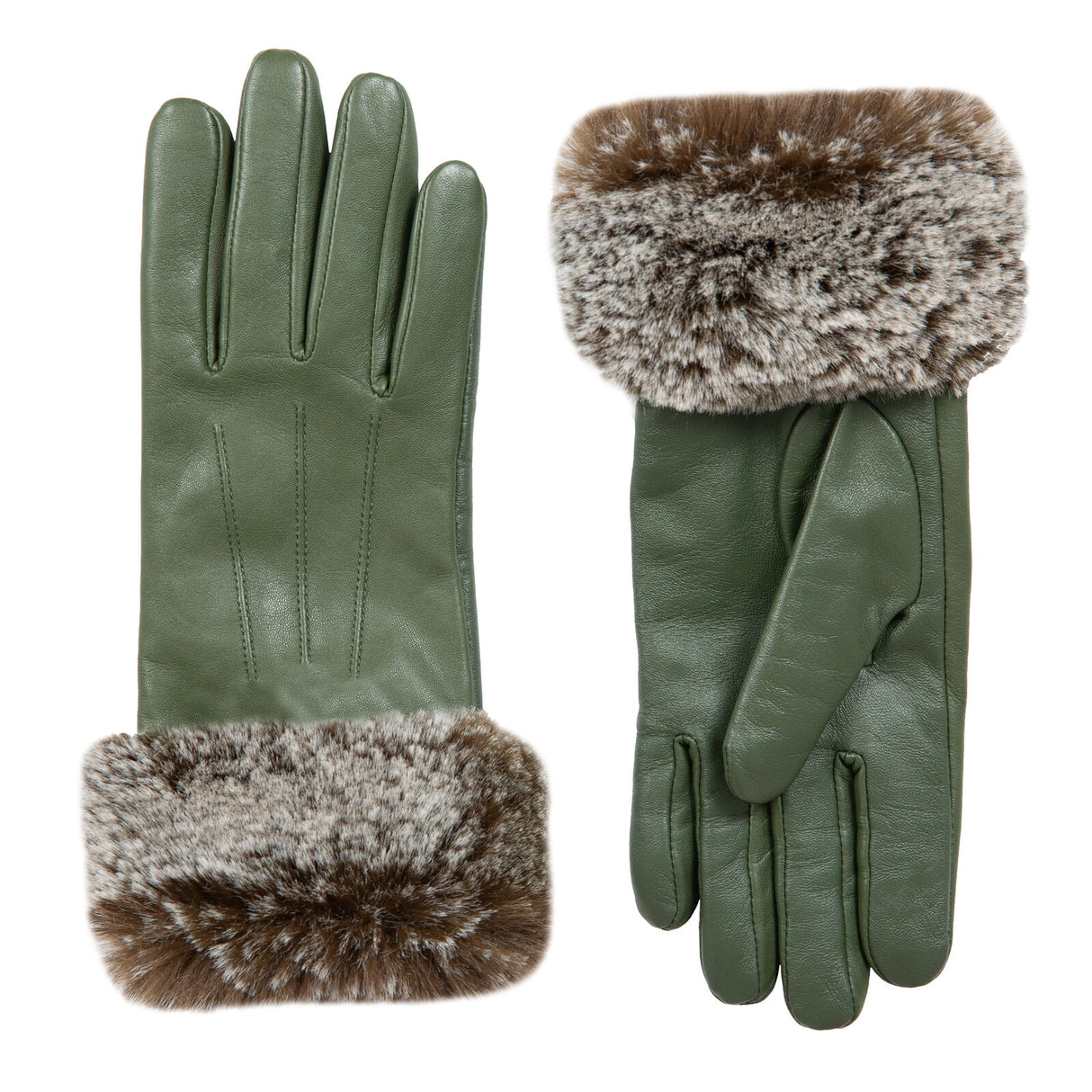 Dents Women’s Touchscreen Three-Point Lined Leather Gloves with Faux Fur Cuffs in Sage