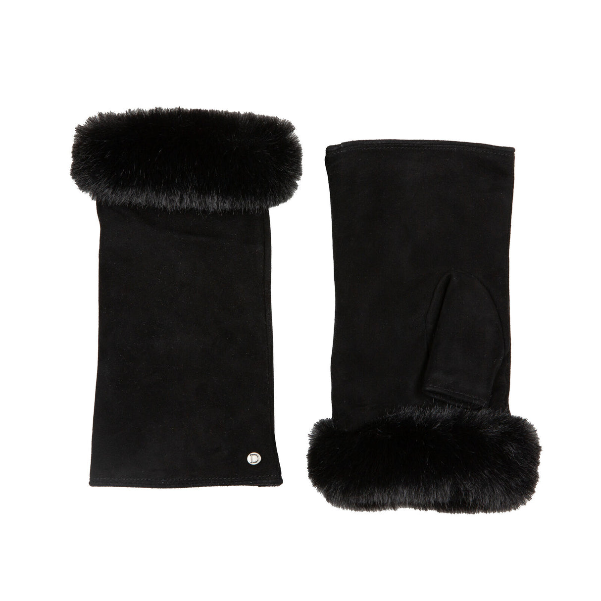 Dents Womens Fingerless Faux Fur-Lined Suede Mitten Gloves w/ Faux Fur Trim in Black