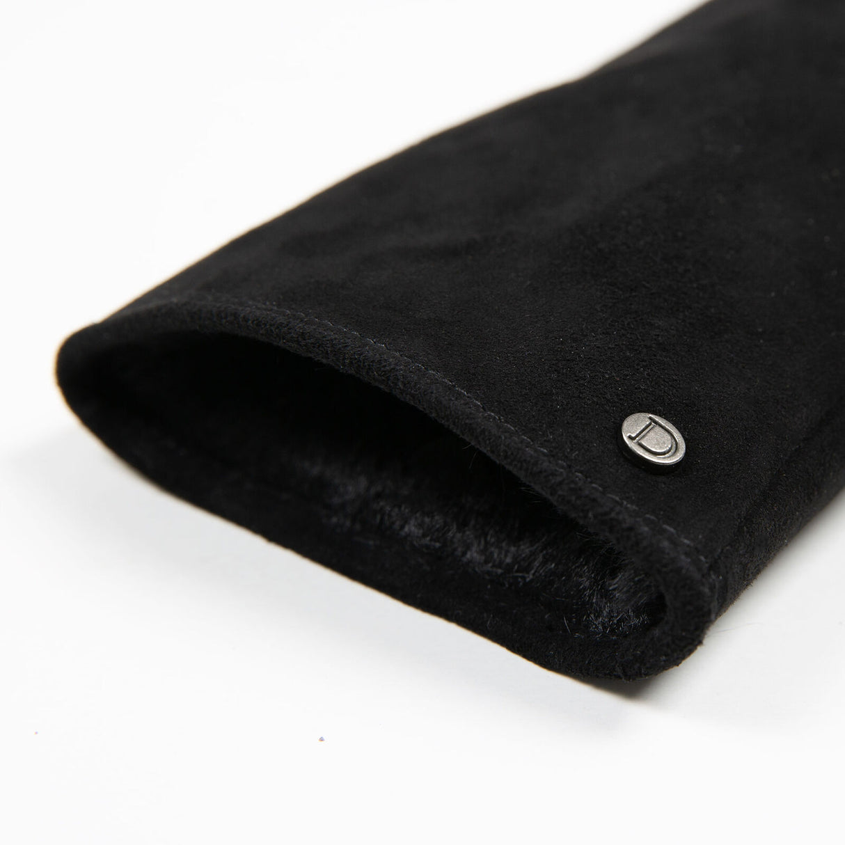 Dents Womens Fingerless Faux Fur-Lined Suede Mitten Gloves w/ Faux Fur Trim in Black