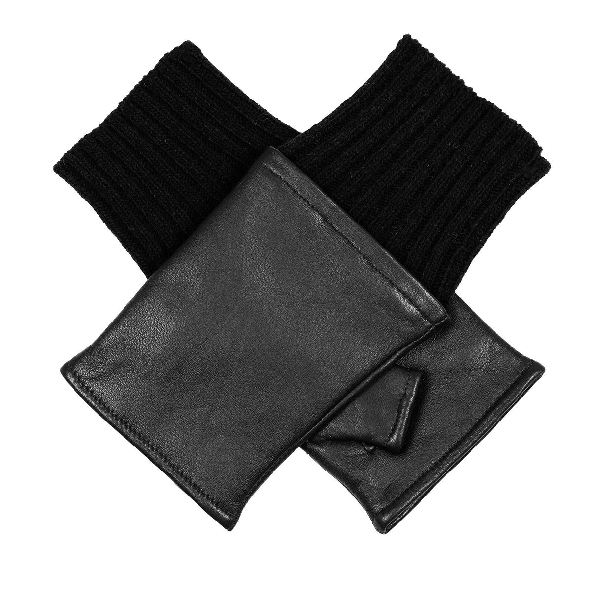 Dents Women’s Fingerless Leather Mittens with Knitted Cuffs - Black