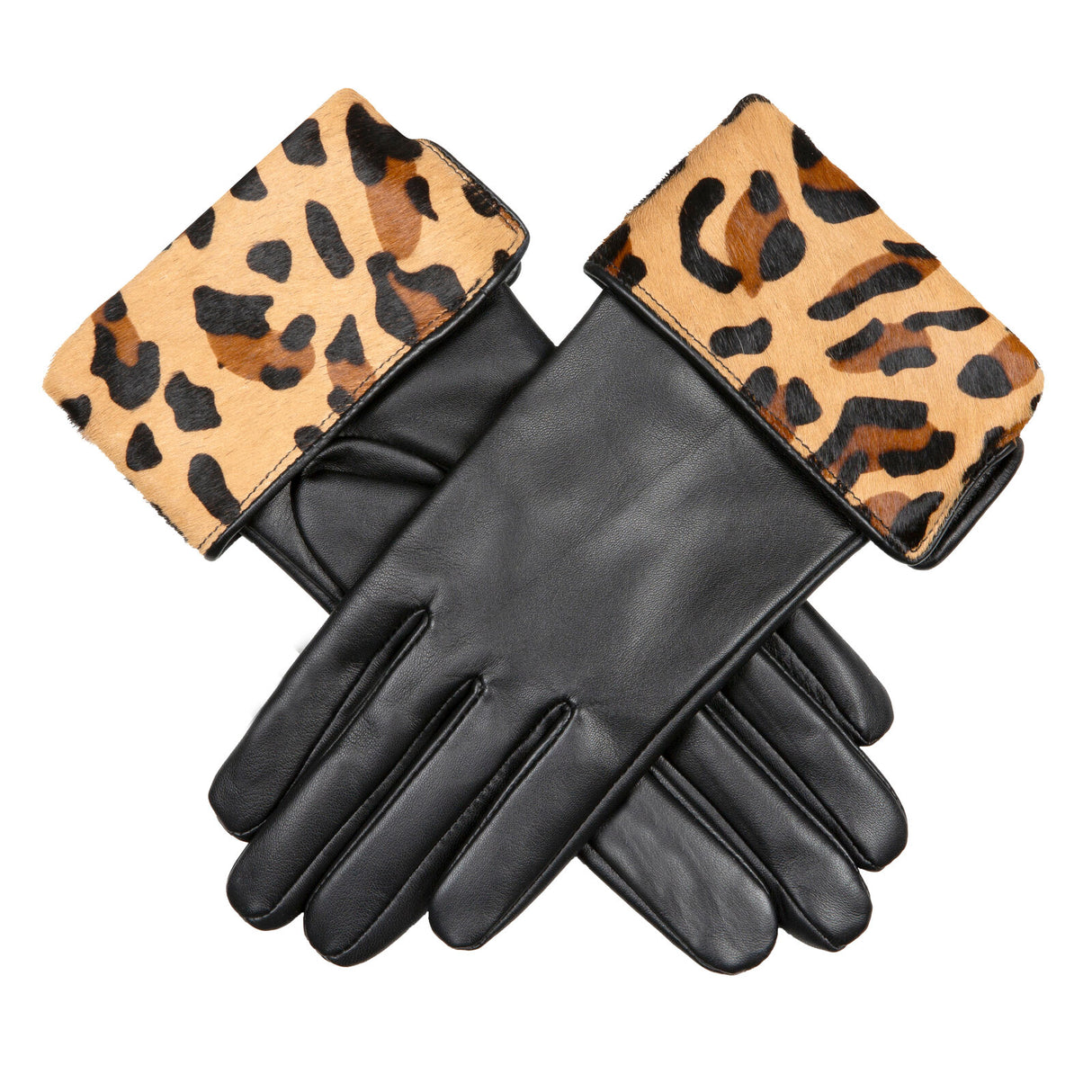 Dents Women’s Lined Leather Gloves with Ponyskin Leopard Print Cuffs - Black