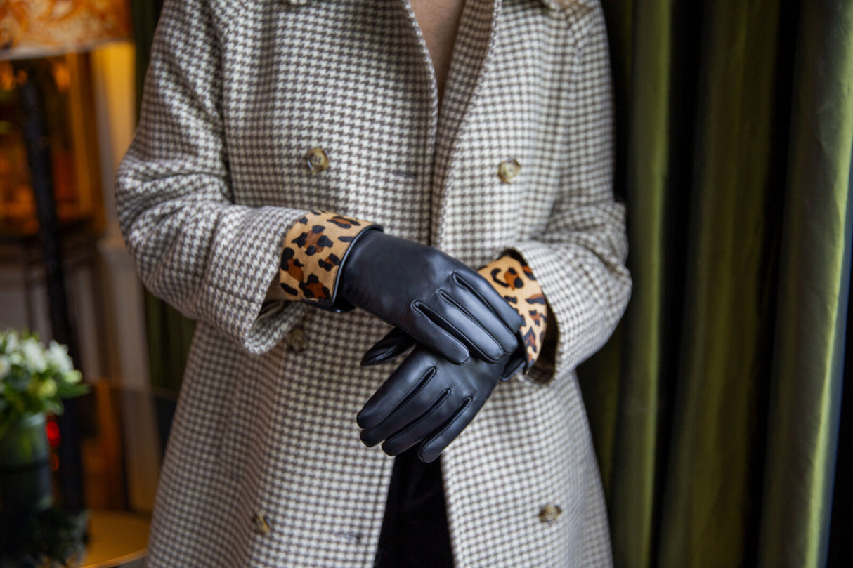Dents Women’s Lined Leather Gloves with Ponyskin Leopard Print Cuffs - Black