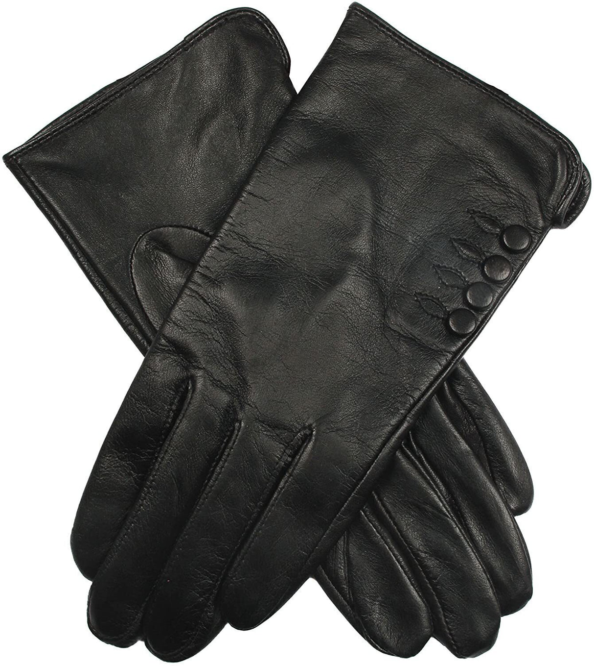 Dents Womens Leather Gloves With Button Detail Piped Cuff And Silk Feel Lining - Black