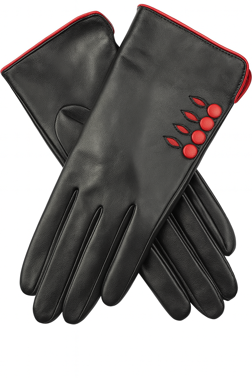 Dents Womens Leather Gloves w/ Button Detail Piped Cuff & Silk Feel Lining - Black/Berry