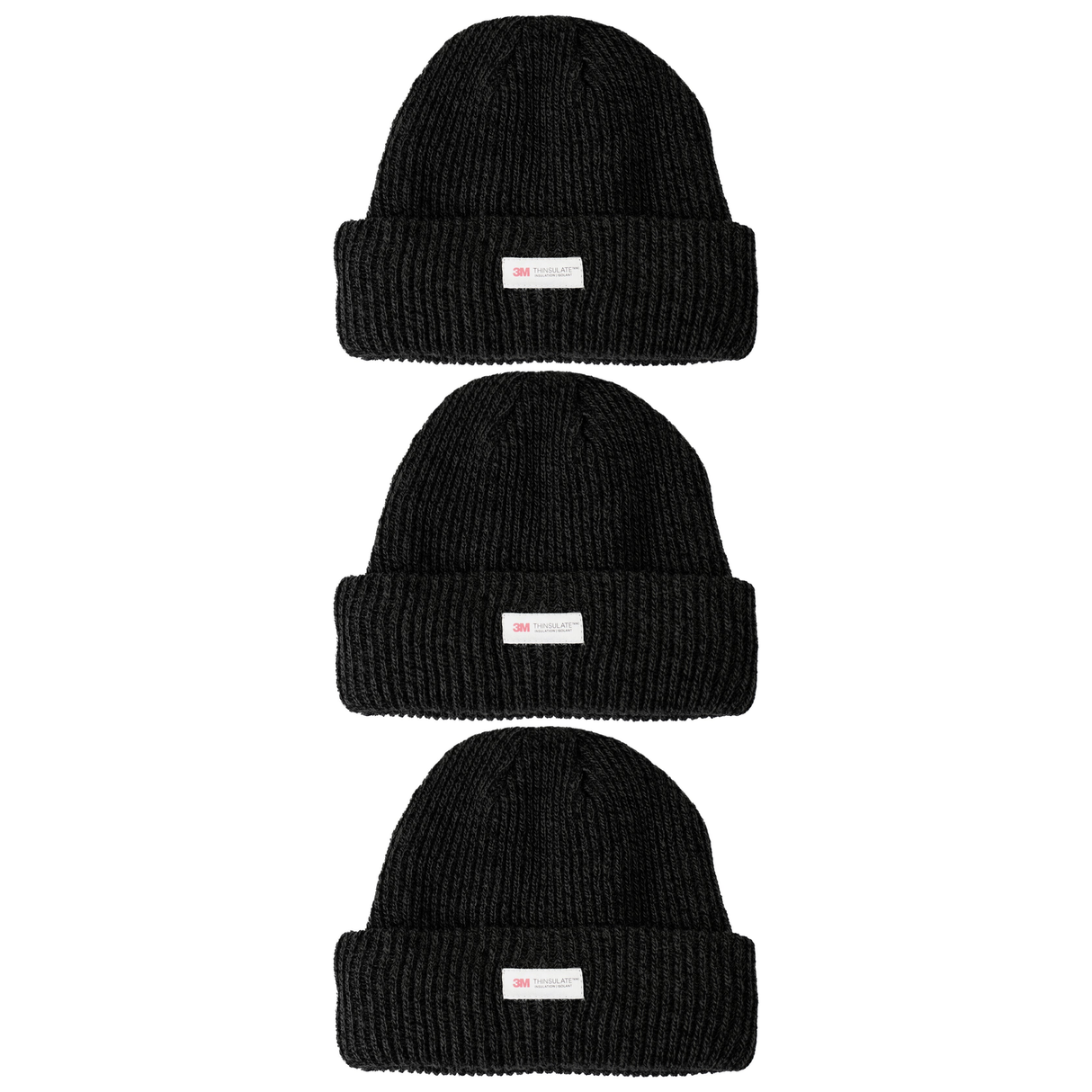 3x 3M Thinsulate Black Beanie Pack - Pull On Winter Thermal Knit Hat