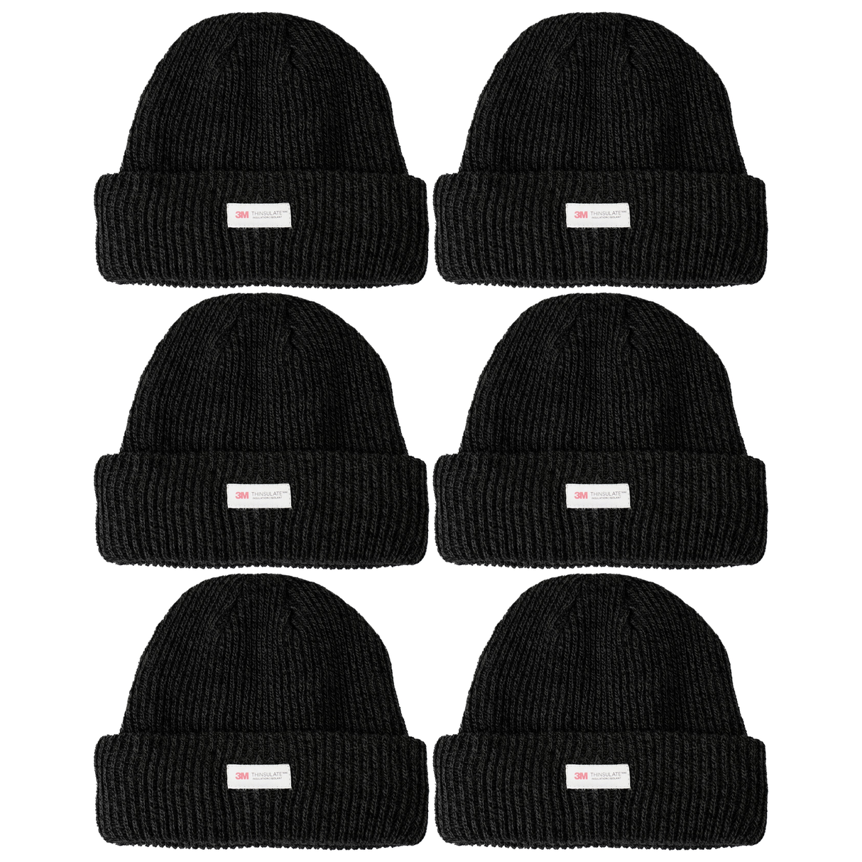 6x 3M Thinsulate Black Beanie Bulk Pack - Pull On Winter Thermal Knit Hat
