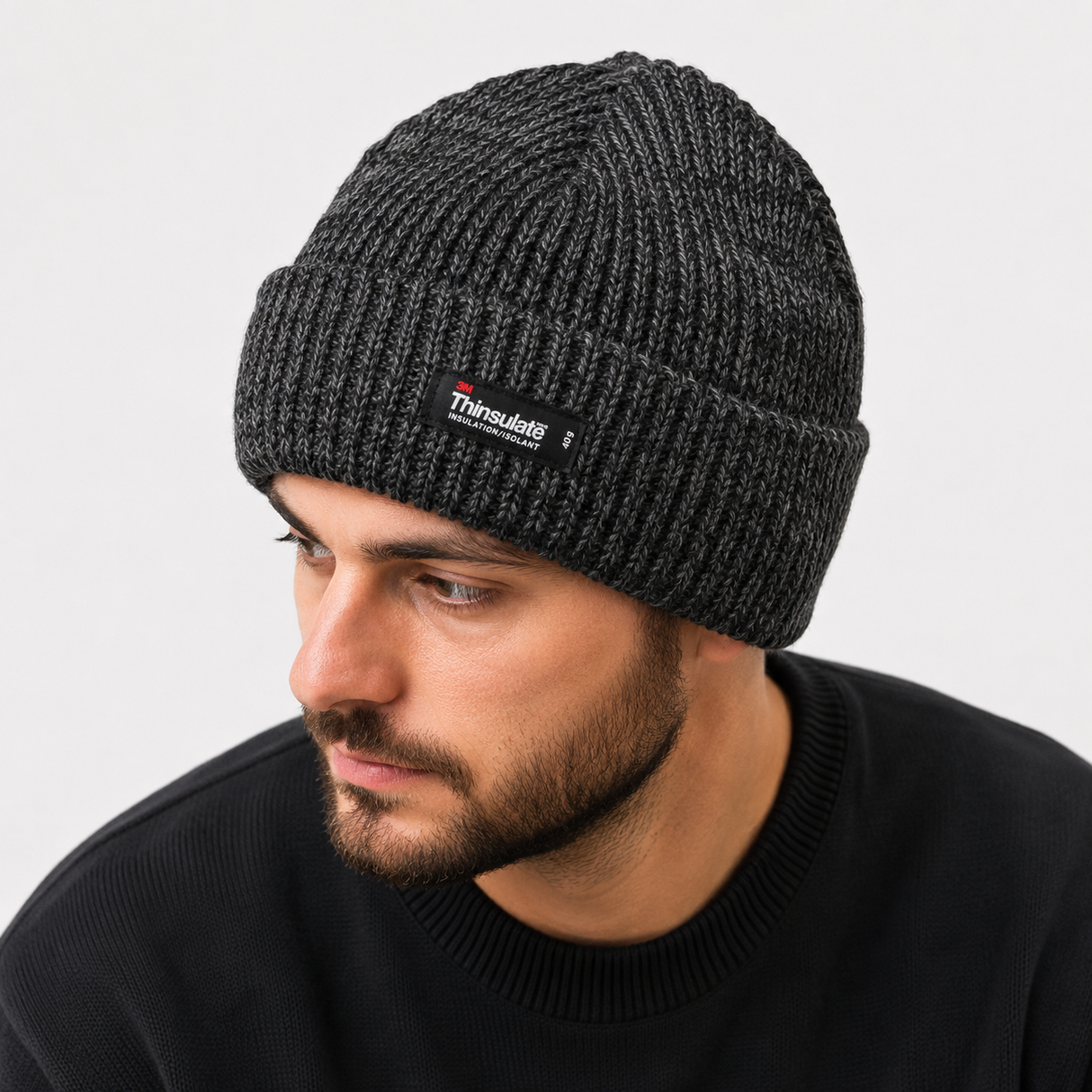 3M Thinsulate Charcoal Black Beanie - Pull On Winter Thermal Knit Hat