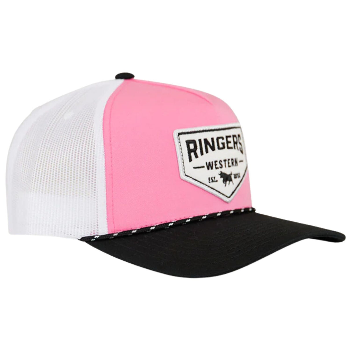Ringers Western Garage Trucker Cap Mid Profile Mesh Back Snapback in Melon/Black