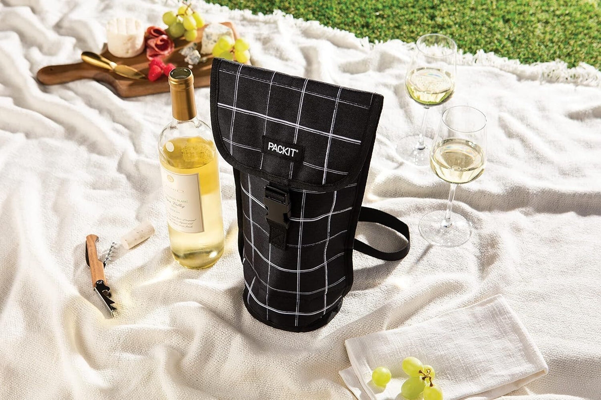 PACKIT Freezable Napa Wine Bag Cooler Carrier Insulated Portable Wine Chiller - Black Grid