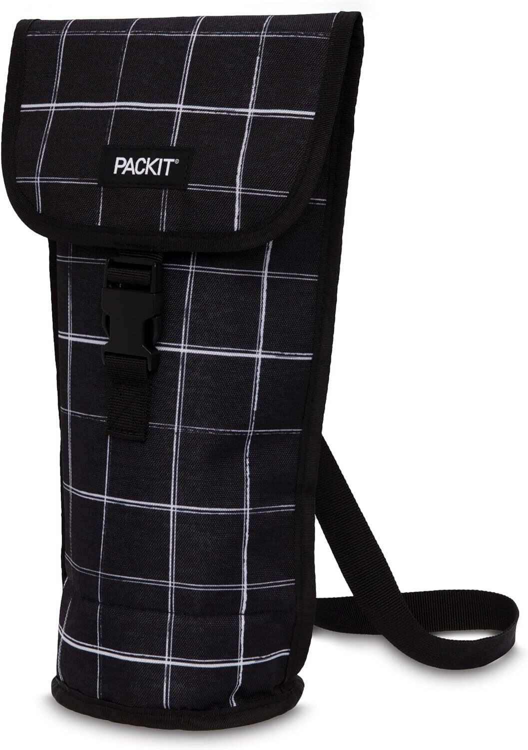 PACKIT Freezable Napa Wine Bag Cooler Carrier Insulated Portable Wine Chiller - Black Grid